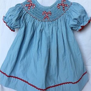 Smock Monkey Baby Top with Blue Gingham Trim - White